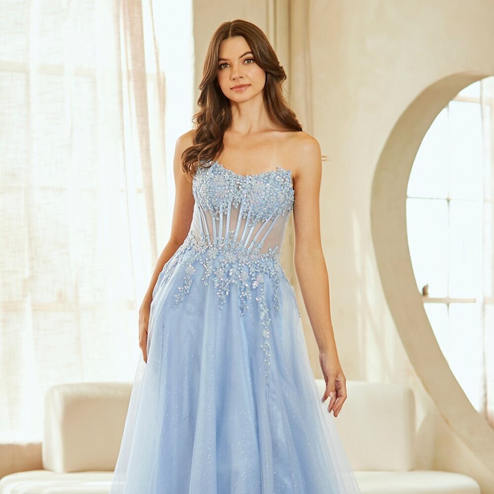 New Strapless A-Line Rhinestones Embellished Gown w/ Sheer Boned Bodice 9078